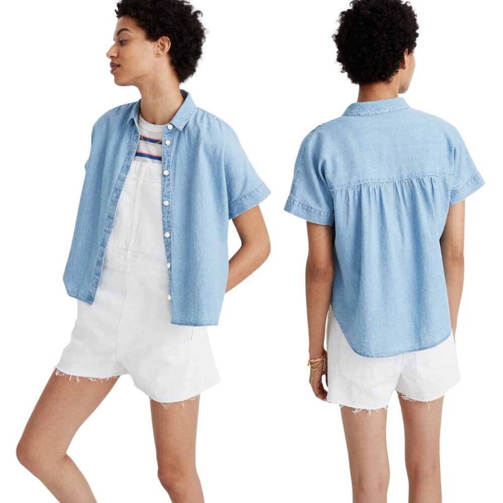 Madewell Denim Hilltop Shirt Short Sleeve Button Down Women's XS Blue Chambray